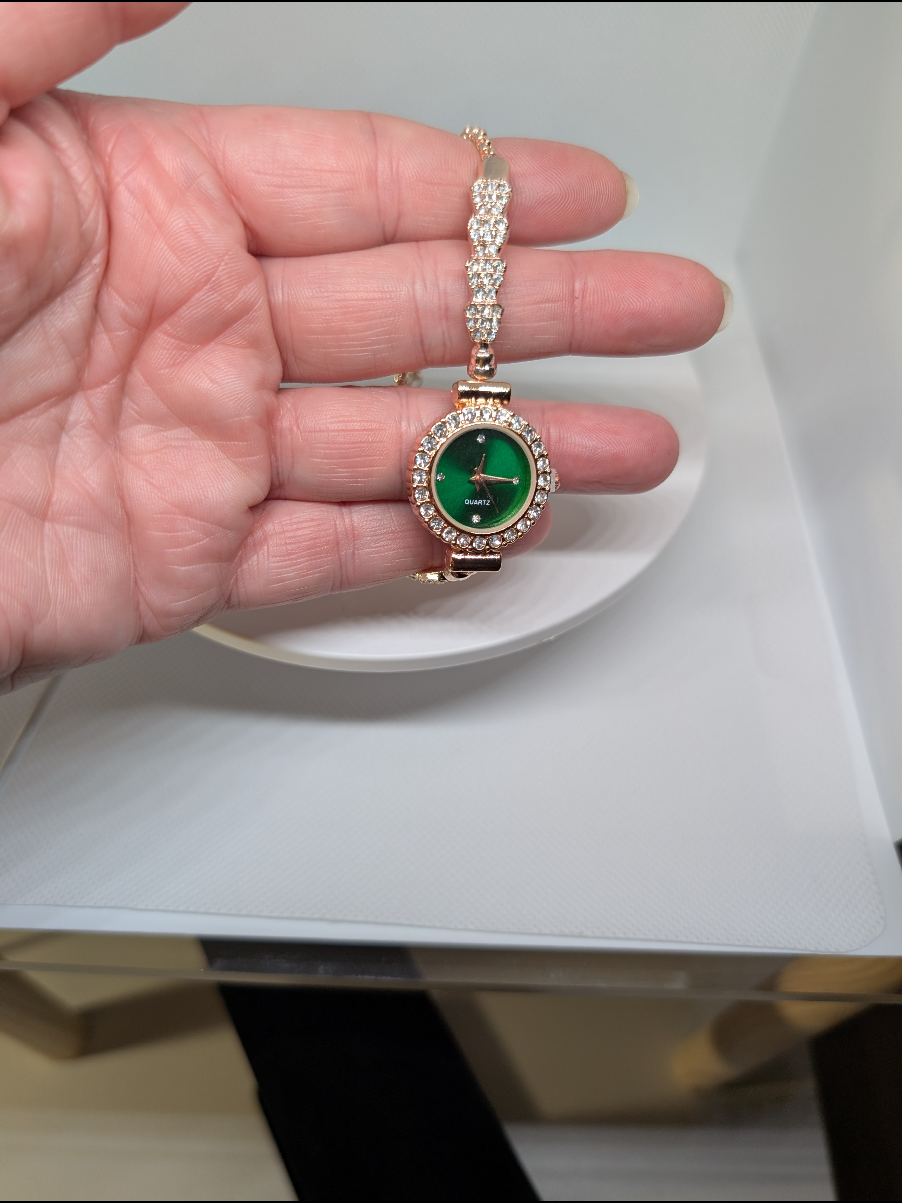 Gold Bracelet Watch With Green Dial And Crystal Accents